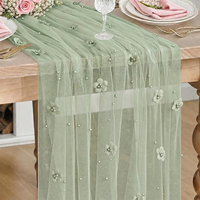 Artoid Mode Sage Green Flower Pearl Green Gauze Table Runner 10FT, Seasonal Sheer Dining Holiday Wedding Birthday Baby Shower Table Decor for Home Party