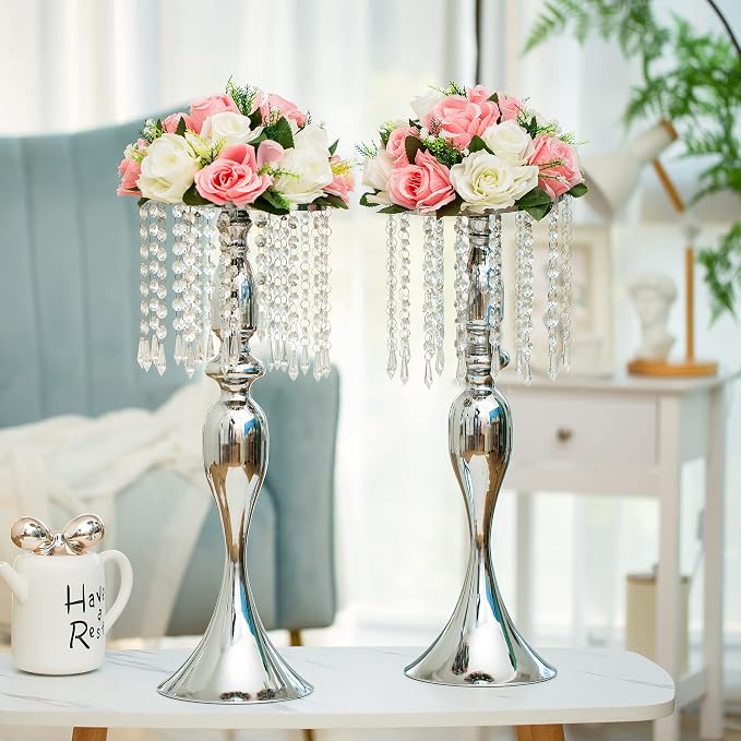 Silver Vase Stand Table: 21.3in Wedding Centerpieces, Set of 2 | High End Crystal Design Vase Stand for Wedding Party Reception Birthday Event Home, Tall Table Center Piece