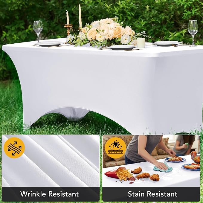 6-Pack Premium White Spandex Tablecloths for 4ft Rectangle Tables, Stain & Wrinkle-Resistant, Washable Stretch Polyester Fitted Table Cover for Weddings, Banquets, Trade Shows Events