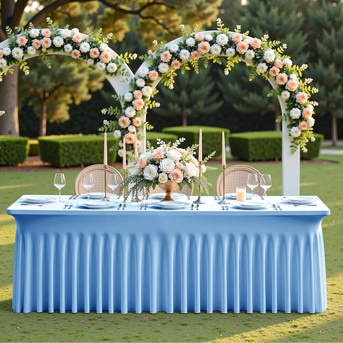 6 pk Baby Blue Spandex Tablecloth 6ft with Ruffle Skirt, Wrinkle Free High Stretch Fitted Tablecloths for 6 Foot Rectangle Tables, Blue Eastic Spandex Table Covers 6ft for Parties Banquet Weddings