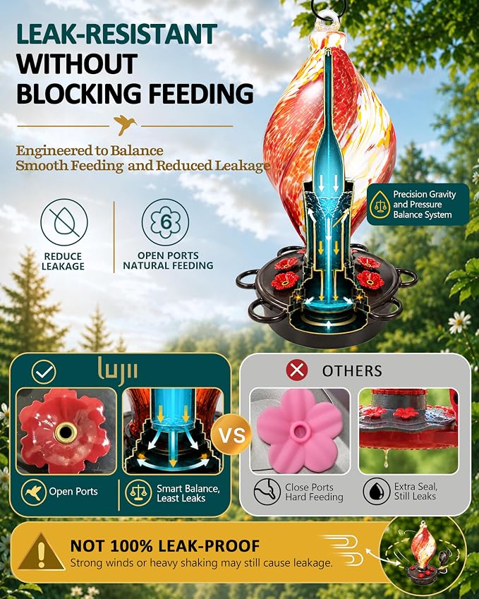 LUJII Smart Hummingbird Feeder with Camera, Hand Blown Glass for Outdoor Hanging, Solar WiFi Feeder with Live View App, 6 Feeding Ports, Leak-Resistant Design, Ant Moat & Gift Box, 28 fl oz, Red