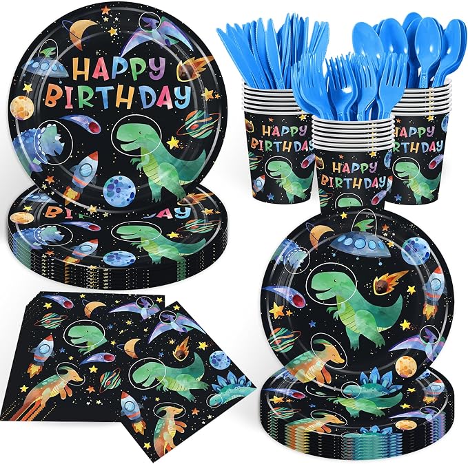 168PCS Dinosaur Party Supllies for Boys Cartoon Dino Birthday Party Decorations with Space Astronauts Planet,Dinosaurs Plates Cups Napkins Tableware -24 Guests
