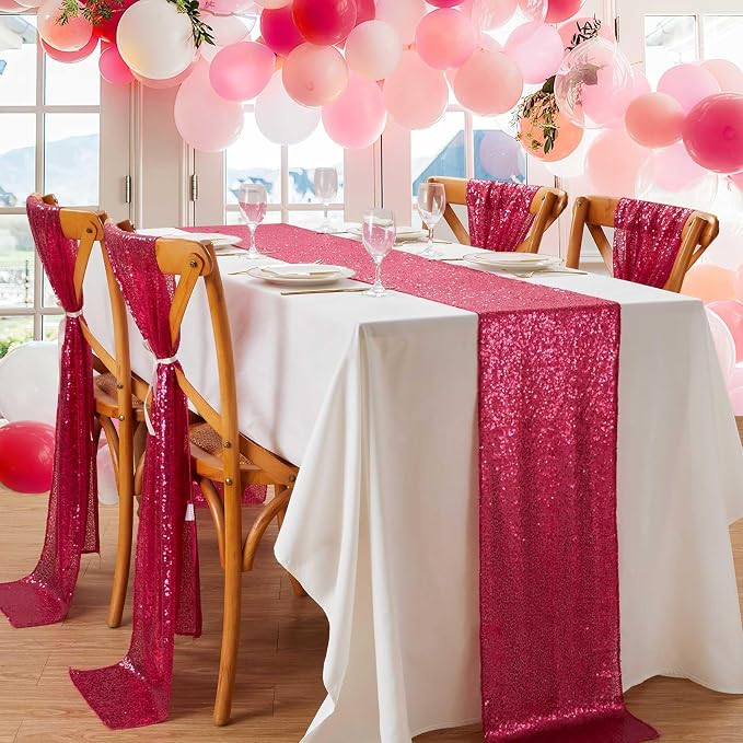 Sequin Table Runners 2 Pieces Fuchsia Table Runners 12x72 Inch Glitter Dining Table Cover for Party Wedding Birthday Reception Banquet Decoration Spring Party Chair Sashes