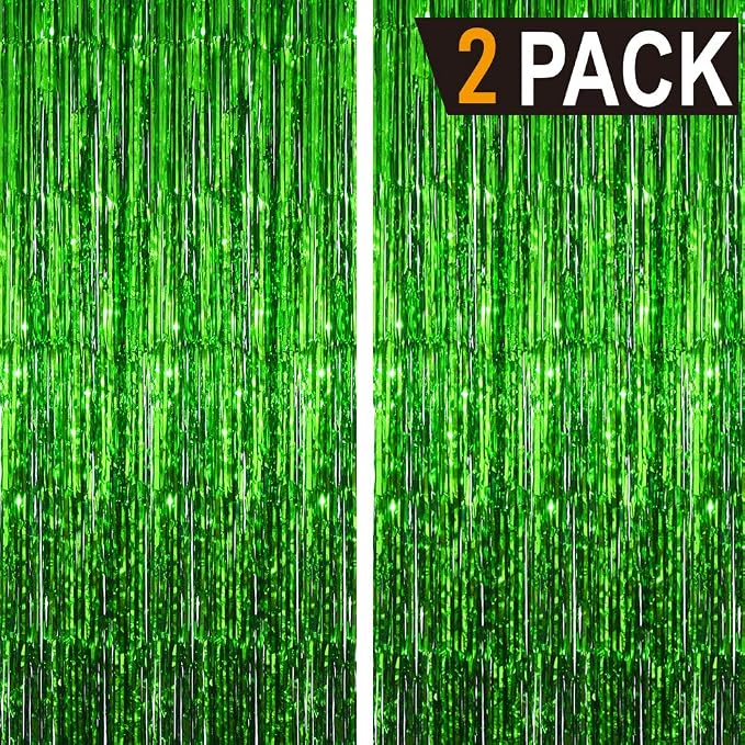 GOER 3.2 ft x 9.8 ft Metallic Tinsel Foil Fringe Curtains Party Photo Backdrop Party Streamers for St. Patrick's Day,Birthday,Graduation,New Year Eve Decorations Christmas Decor (Green,2 Packs)