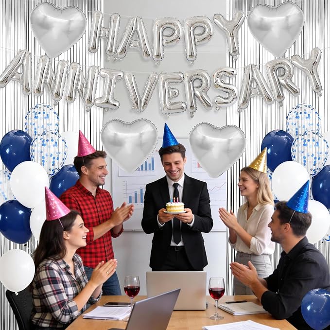 Anniversary Decorations Navy Blue Silver,Happy Anniversary Balloon Banner with Heart Foil Balloons Fringe Curtain for Wedding Party Valentine's Day Romantic Night Surprise