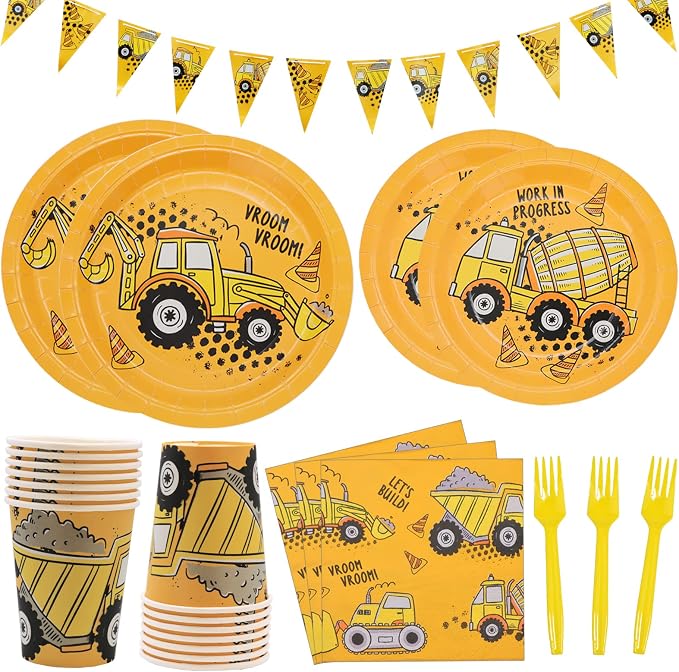 132 Pcs Construction Birthday Party Supplies, Construction Disposable Tableware Set Dump Truck Party Table Decorations for Birthday Party, 9'' and 7'' Plates, Napkins, Cups, Forks, Banner, Serves 24