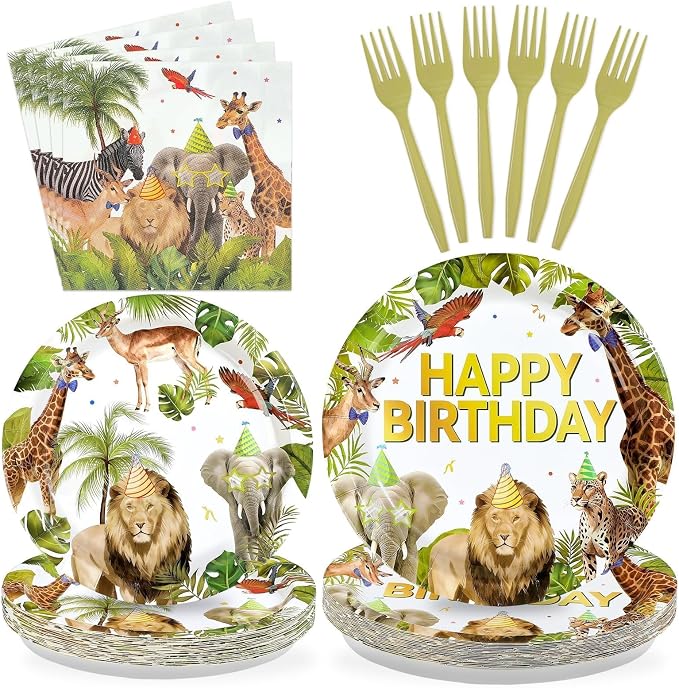 96Pcs African Safari Birthday Decorations Jungle Theme Plates Forks and Napkins Wild Animals Disposable Paper Plates for Jungle Zoo Lion Birthday Party Supplies Serves 24