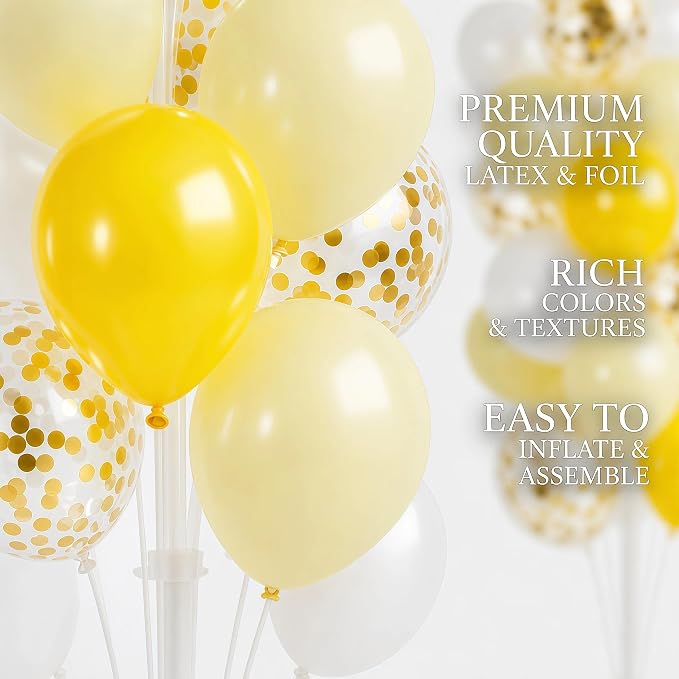 Hiins Balloon Column Kit Set of 2 With Pastel Yellow White Gold Confetti Balloons with Base,Pole,Balloon Tower Backdrop Decoration for Bee Lemon Wedding,Baby Shower,Birthday Party,Bachelorette Party