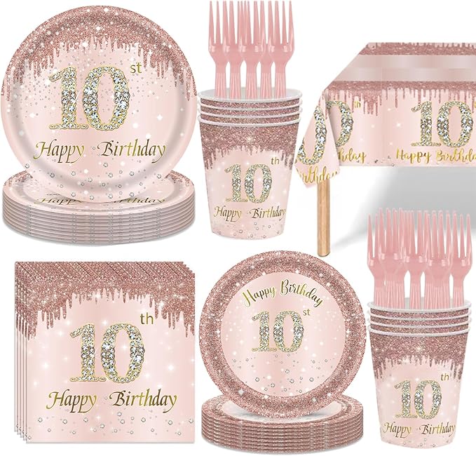 121Pcs 10th Birthday Party Supplies Plates Napkins Cups Forks Tablecloth Rose Gold Happy 10th Birthday Themed Disposable Tableware Decorations Serves 24 Guests for Girls 10 Years Old Birthday