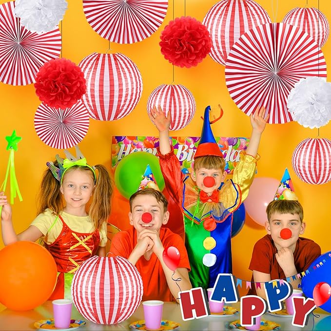 Hortsun 16 Pcs Carnival Circus Party Decorations Red and White Stripes Paper Lanterns Fans Paper Flowers for Carnival Circus Birthday Baby Shower Christmas Halloween Decoration 8/12/16 Inch