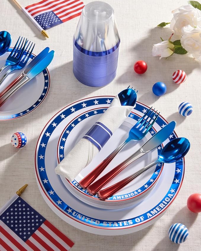 Goodluck 350 Piece 4th of July Blue Star Plastic Dinnerware Set for 50 Guests, Disposable Plates for Independence Day Supplies, Include: 100 Plates, 50 Pre Rolled Napkins with Silverware, 50 Cups