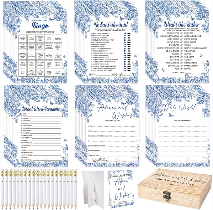 Silipull Bridal Shower Games Set for 50 Guests Includes Bingo, He Said She Said, Scramble, Would She Rather, Advice and Wishes Wedding Games Double Sided with Wooden Box, 20 Pencils(Blue Floral)