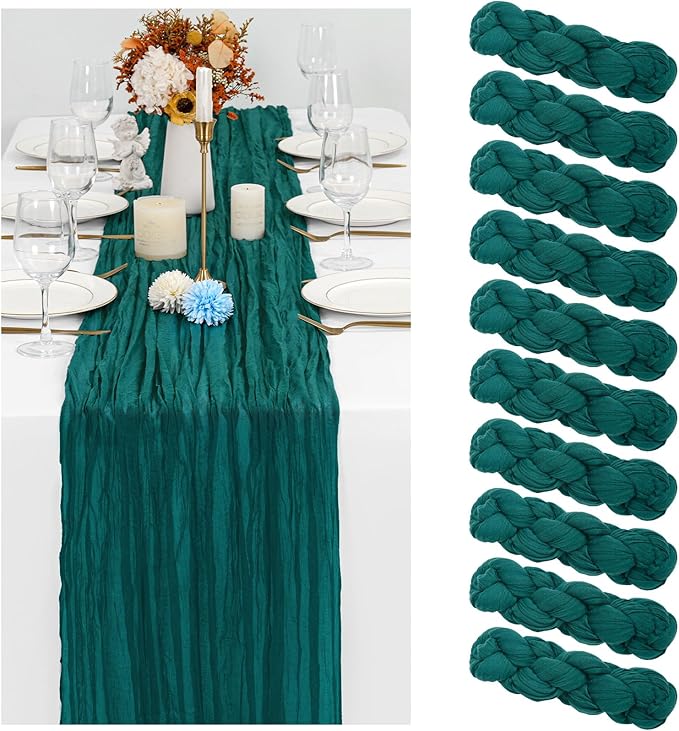 Showgeous 10 Pack Teal Cheesecloth Table Runner Gauze Table Runner 10FT Long Semi-Sheer Table Runner Boho or Rustic Wedding Table Decor for Wedding Decor Arch Draping Bridal Shower Holiday Party