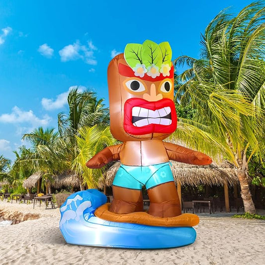 Shappy 5 ft Inflatable Tiki Surfboard Decorations Luau Hawaiian Party Decorations Summer Inflatables Outdoor LED Lighted Tiki Blow up Beach Tropical Pool Surfing Yard Party Supplies Favors
