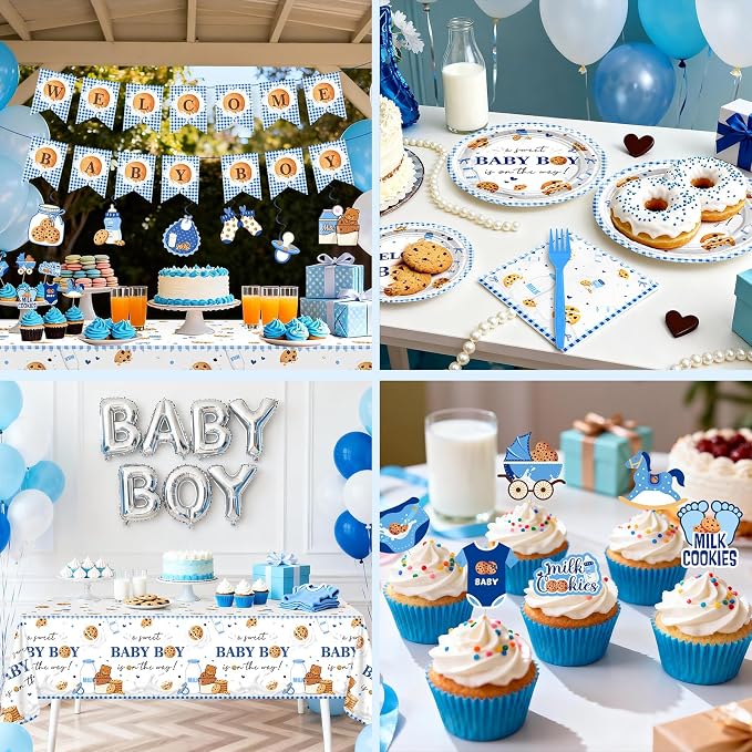 Milk and Cookies Baby Shower Decorations Kit:134 Pcs Welcome Baby Boy Plates Napkins Tablecloth Banner Hanging Swirls Cake Toppers Balloons Cookies Baby Shower Decorations for Boy