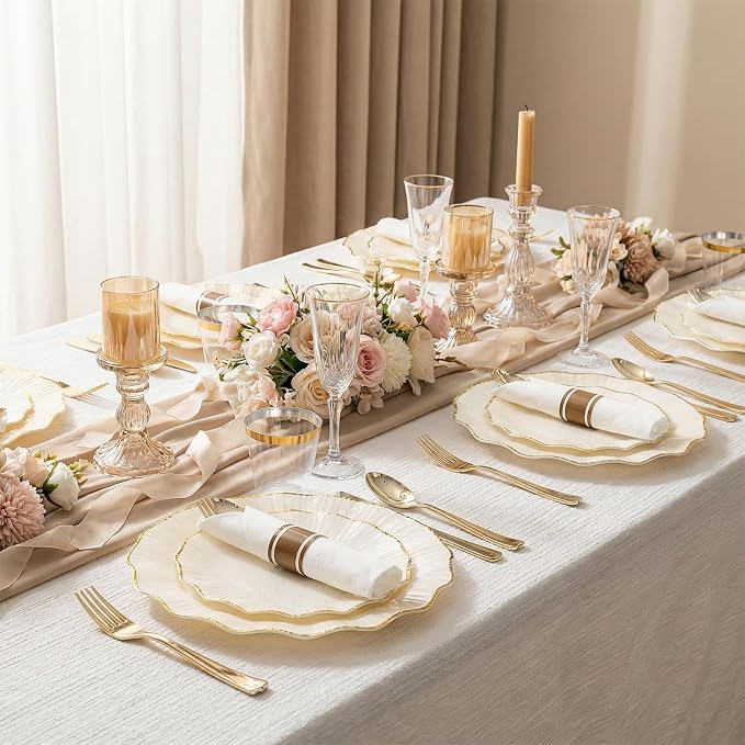 U-QE 175PCS Ivory Gold Plastic Plates - Disposable Dinnerware Set for 50 Guests - Ivory and Gold Plates and Napkins Party Supplies include 50 Plates, 25 Per Rolled Napkins with Gold Cutlery, 25 Cups