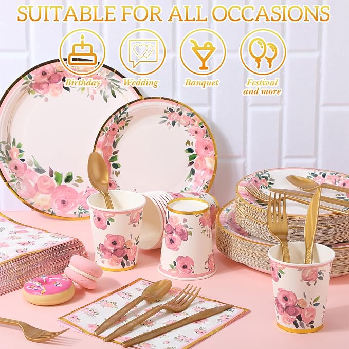 Ziliny 350 Pcs Floral Party Supplies Tableware Set Disposable 9'' 7'' Paper Plates 9 oz Cups Cutlery Napkins Dinnerware for Baby Shower Bridal Wedding 1st Birthday, Serve 50 (Floral, Rose Gold)