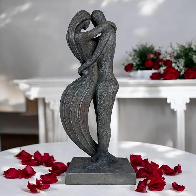 Top Brass Eternal Embrace Romantic Couple Sculpture – 12 1/2” Resin Lovers Statue (Graphite Kiss & Moon-wash Limestone) – Modern Home Décor Wedding Anniversary Love Art (Graphite Kiss)