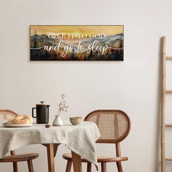 TLESKE Give It to God and Go to Sleep Sign Large Wall Art Decor 15x40 | Fall Mountain Landscape Canvas Wall Art Framed Print for Bedroom Living Room, Forest Sunset Wall Artwork Picture