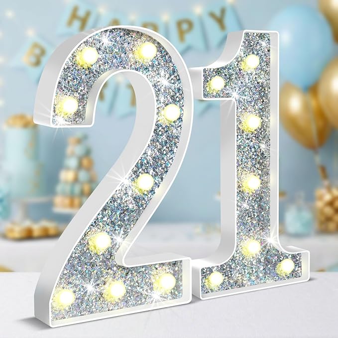 12.6 Inch LED Silver Marquee Light Up Numbers, 21st Birthday Decorations Number Lights as Gifts for Women Men, Glitter Lighted Marquee Numbers for Silver Anniversary Party Table Decor, 21