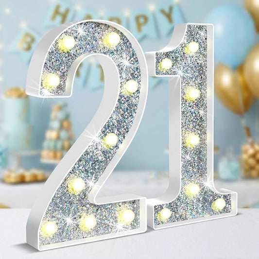 12.6 Inch LED Silver Marquee Light Up Numbers, 21st Birthday Decorations Number Lights as Gifts for Women Men, Glitter Lighted Marquee Numbers for Silver Anniversary Party Table Decor, 21