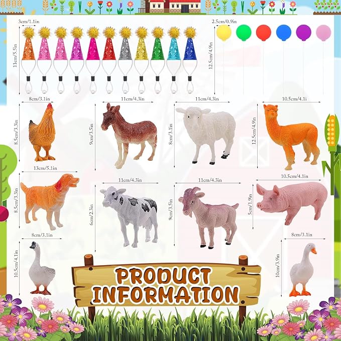 26 PCS Jungle Animal Birthday Party Decorations with Farm Animal Figurines, Mini Hats & Balloons, Cake Toppers for Birthday Party, Wild Animals Party Supplies(Farm Animal)