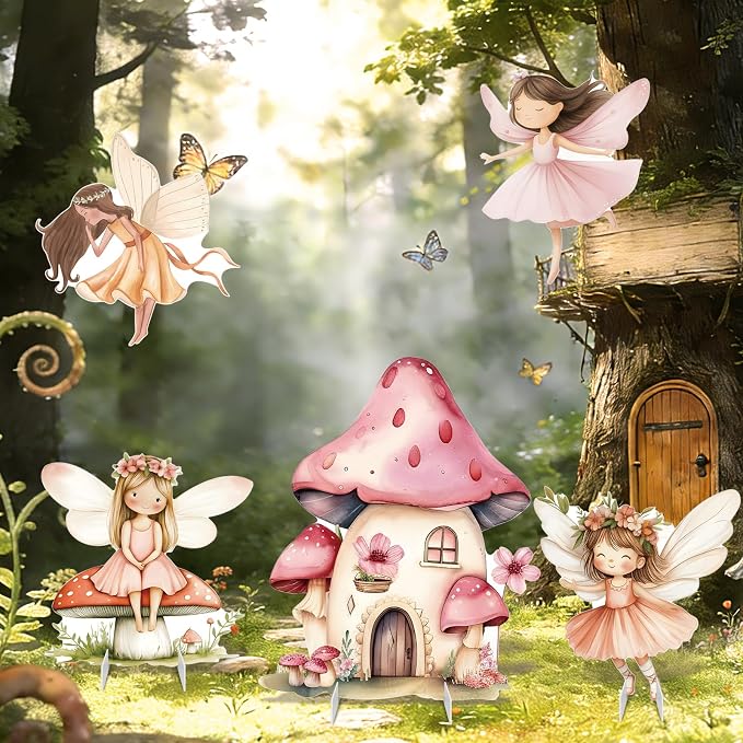 Fairy First Birthday Decoration 5PCS Floral Fairy Princess Cardboard Cutout Pink Stand Up Prop Mushroom Door Backdrop Yard Stake for Enchanted Woodland Fairytale Party Decor