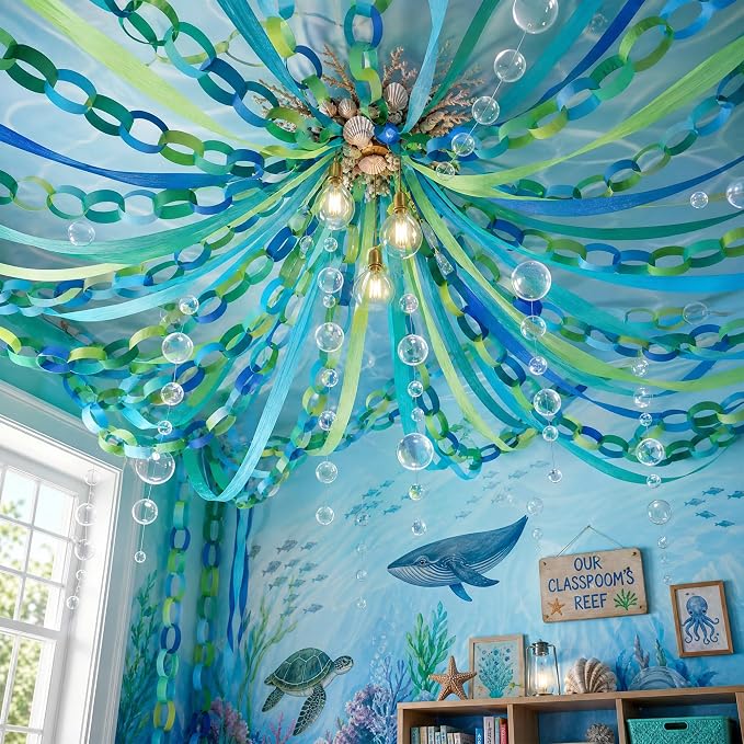 500 Sheets Under The Sea Paper Chain Strips Garlands Set, 492ft Blue Green Crepe Paper Streamers and 33ft Clear Bubble Garland for Ocean Theme Birthday Party Baby Shower Hanging Decorations