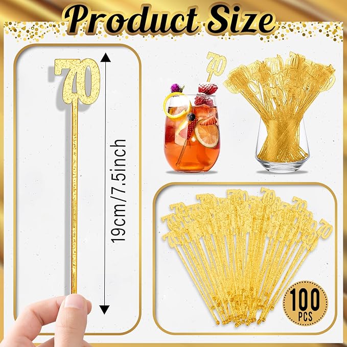 Reallnaive 100 Pcs 70th Birthday Drink Stirrers Gold Glitter Cocktail Stirrers Plastic Swizzle Sticks 7.5 Inch Fall Birthday Cupcake Toppers Sticks Bulk for Coffee Bar Cake Pops Christmas Party Favor