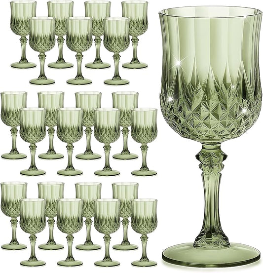 7OZ Plastic Wine Glasses, Reusable Vintage Goblets Unbreakable Drinking Glasses Crystal Water Cups Champagne for Wedding, Parties (24, Light Green)