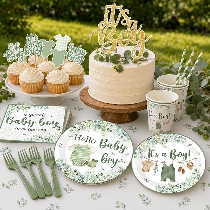 Baby Boy Shower Decorations,267pcs Baby Shower Decorations Green Plates and Napkins Cups Banner Backdrop Tablecloth Cake Topper Balloon for Sweet Baby Boy Baby Shower Decorations