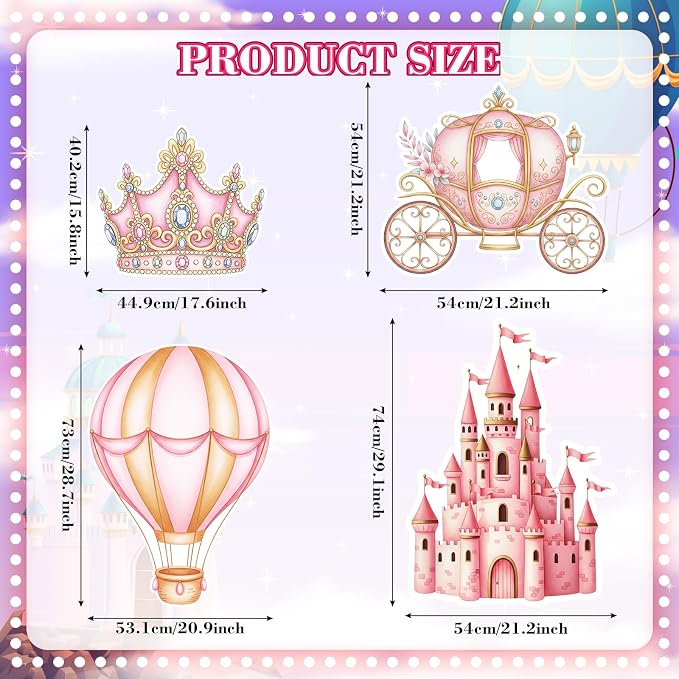 Honoson 4 Pcs Large 30" Pink Princess Cardboard Cutouts, Princess Birthday Party Decoration Castle Carriage Stand up Life Size Backdrop for Once Upon a Time Party Supplies Photo Booth Props