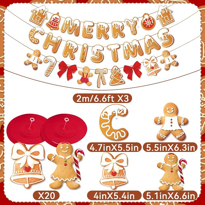 Merry Christmas Banners Gingerbread Theme, Pre-Strung Xmas Party Decorations, with 20 Pcs Gingerbread Men Hanging Swirls for Office Celebrations, School Events, Home Holiday Indoor Decor