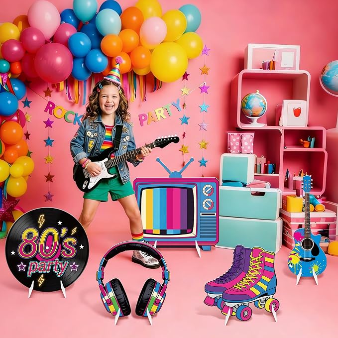 5Pcs 80s Party Decorations, Large Retro Disco Theme Cardboard Cutouts Guitar Headphone Roller Skates Vintage 80s Yard Sign for Neon Hip Hop Music Birthday Indoor Outdoor Photo Props Backdrop