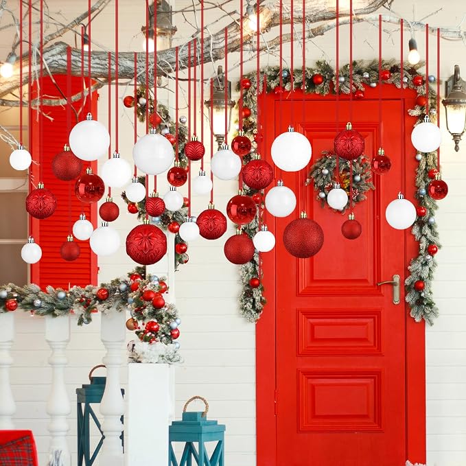 36 Pcs Christmas Balls Ornaments for Ceiling, 1.6'' 2.4'' 3.2'' Large Big Shatterproof Christmas Hanging Decorations Balls for Tree Xmas Holiday Party Indoor(Red, White)