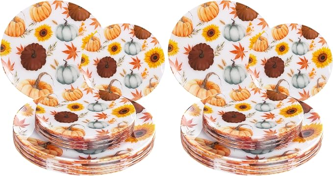 WDF 24Pcs Thanksgiving Plastic Plates - Heavy Duty Fall Plastic Plates - Gold Pumpkin and Sunflower Pattern for Thanksgiving Dinner & Parties (Pack of 2)