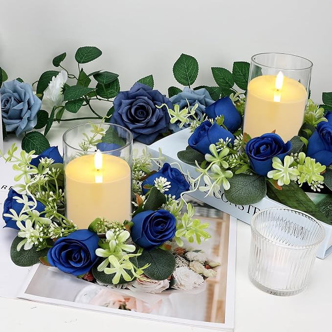 6 Sets Artificial Roses Candle Rings - Roses Floral Rings Wreaths with LED Candles Eucalyptus for Centerpieces Table Cabinets Front Doors Wedding Home Party Decor - Royal Blue