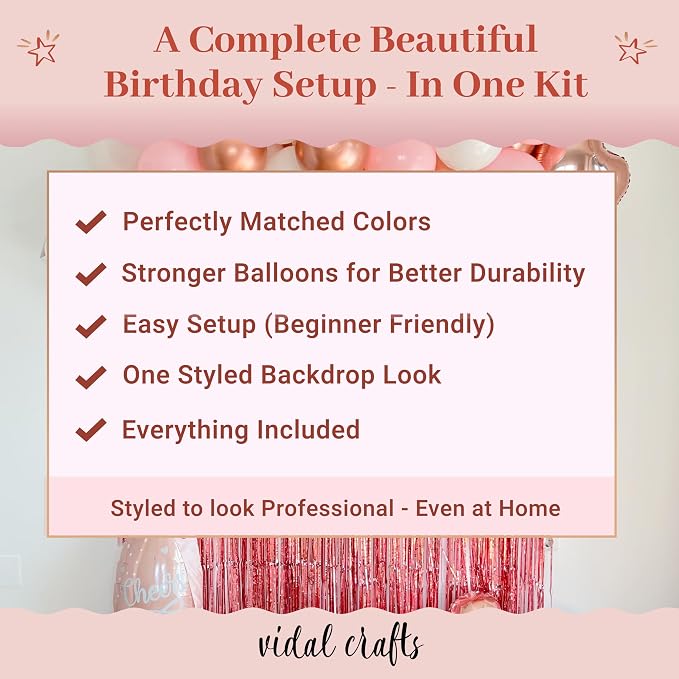 VIDAL CRAFTS 71-Piece Rose Gold Birthday Decorations for Women - Party Backdrop with Latex, Foil & Confetti Balloons, Happy Birthday Decorations Banner & Rose Gold Foil Fringe Curtains