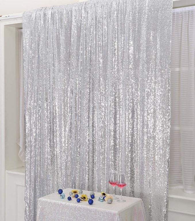 PartyDelight Silver Sequin Backdrop 6x8ft 4 Inch Rod Pocket | 3mm stitched silver sequins on mesh backing with 4 inch rod pocket for full body photos ceremony arches party walls and stage