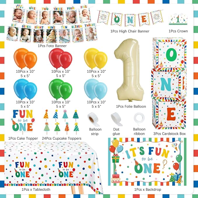 Fun to be One Birthday Decorations Balloon Kit, 127Pcs Its Fun to be One Birthday Tablecloth, Backdrop, 1st Birthday Month Banner, High Chair Banner, ONE Box, Balloon Arch, Crown, Cake Toppers