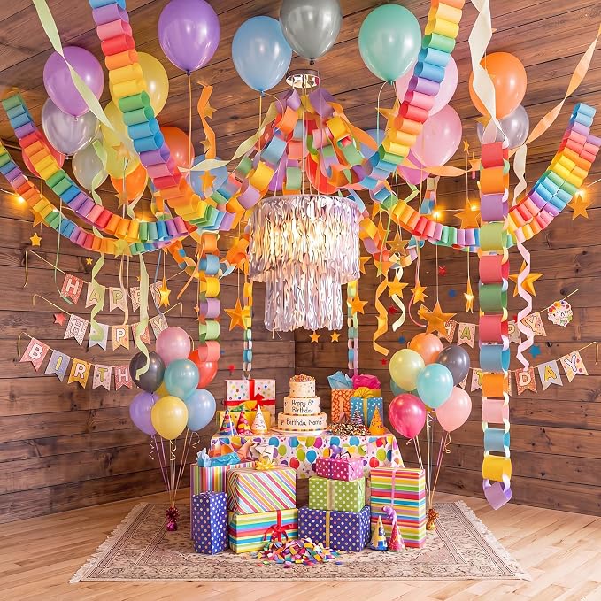 Blueweenly Fancy Princess Birthday Party Decorations Paper Chain Garland Strip Ceiling Party Classroom Decor Crepe Streamer Glitter Star Chandelier Balloons for Wedding Birthday(Macaron,Large,5 Pcs)