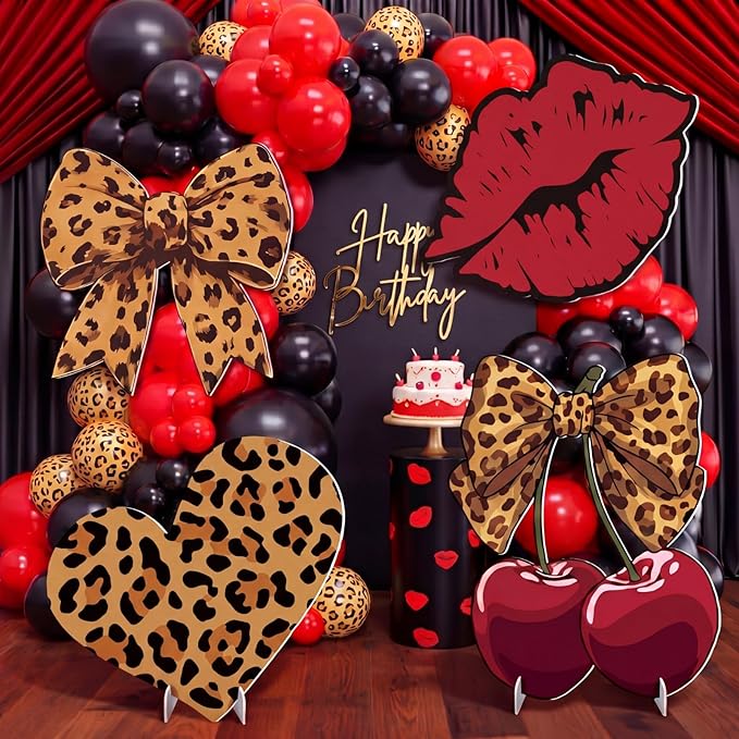 4 Pcs Large Red Cheetah Print Birthday Decoration, Y2k Leopard and Cherry Cardboard Cutout, Red and Black Cherry Cardboard Cutout Backdrop Yard Signs for Girls Women Birthday Party Supplies