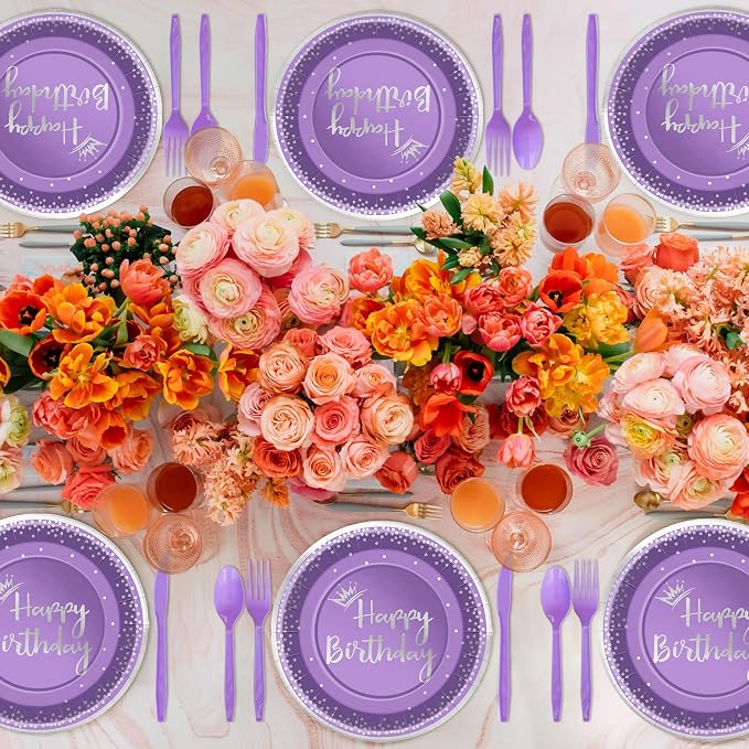 168 Pieces Purple Silver Birthday Plates and cups and Napkins Party Supplies Set,Disposable Spoons Knifes Forks Birthday Favors Set,Serves 24