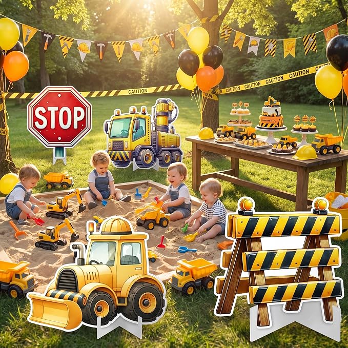 Honoson 4 Pcs Large 20" x 30" Construction Cardboard Cutouts, Construction Truck Themed Birthday Party Decoration Backdrop Yard Signs Warning Sign for Party Supplies Lawn Garden Classroom Decor
