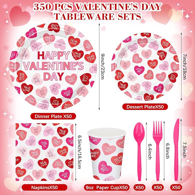 Layhit 350 Pcs Valentine's Day Tableware Sets Conversation Heart Paper Plates Valentines Plates Napkins Cups Disposable Pink Heart Candy Dinnerware for Valentine Weddings Birthday
