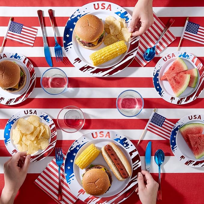 Goodluck 4th of July Plastic Plates, 100Pcs Patriotic Red White and Blue Party Supplies with USA Flag Design, Includes 50 10" Dinner & 50 7.5" Dessert Plates for Independence Day Memorial Day