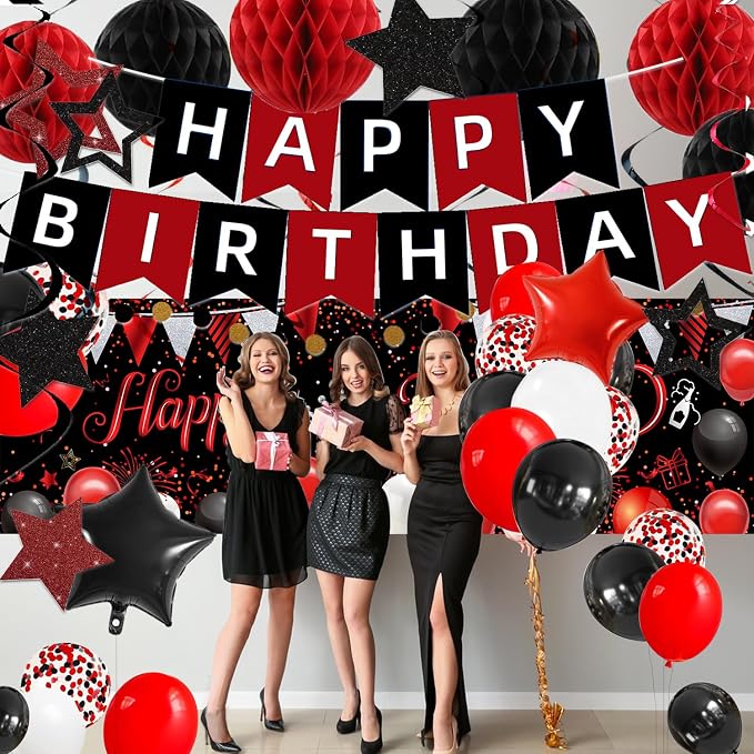 Red Black Birthday Decorations, Happy Birthday Banner, Backdrop, Balloons, Honeycomb Balls, Star Foil Balloons, Stars Hanging Swirls & Cake Topper for Baby Boys Girl Men Women Birthday Decoration