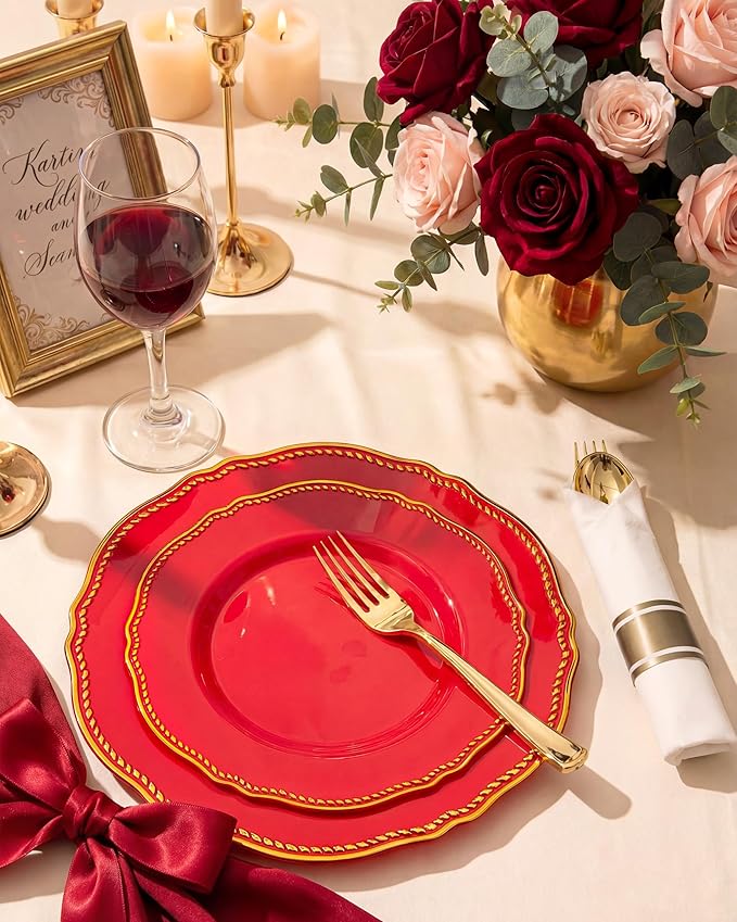 Hioasis 350pcs Red Gold Plastic Plates - Red Plastic Dinnerware Set Includes 50 Dinner Plates, 50 Dessert Dinnerware, 50 Cups, 50 Pre-rolled Napkins Perfect for Wedding & Party &Mother’s Day
