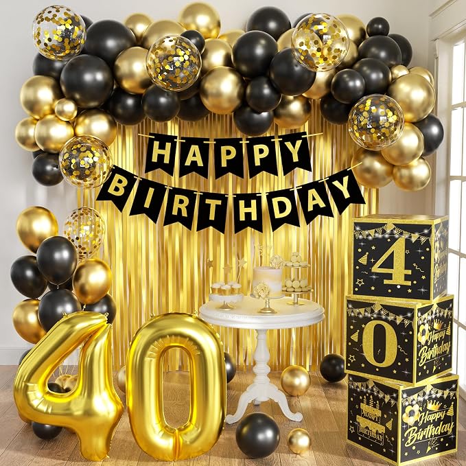 Gold 40th birthday decorations for men,3pcs birthday Decorations for Men boys black and gold Balloon Boxes Birthday Party Favors