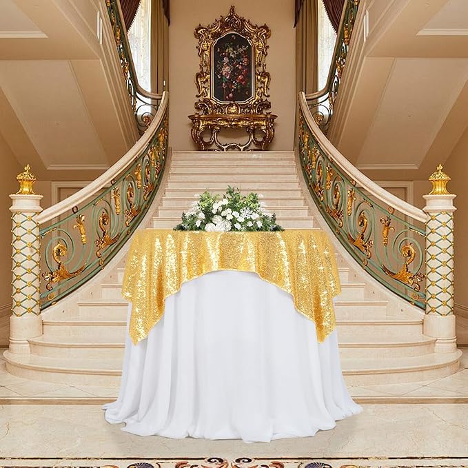 Poise3EHome Gold Sequin Tablecloth 50×50 Inch Square Sequin Fabric Table Cover Overlay for Baby Shower Birthday Party Wedding Christmas Holiday Cake Table Decoration